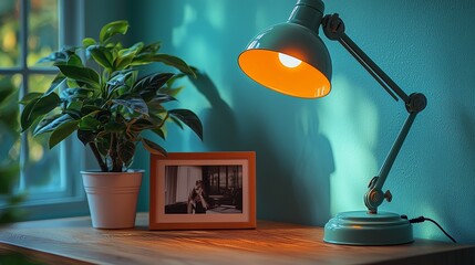 A home office setup featuring a stylish desk lamp, motivational quotes, and a picture frame to boost creativity
