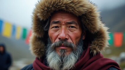 Close-up portrait of an elderly Asian man with a long gray beard, wearing a fur-lined hood. His weathered face shows the passage of time and the harshness of his environment.