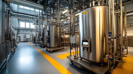 Workers using energy-saving equipment in a modern production facility 