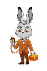 Illustration of a hare character in a business suit and with a pocket watch in a cute cartoon style.