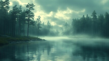 Fototapeta premium Misty lake in a pine forest.