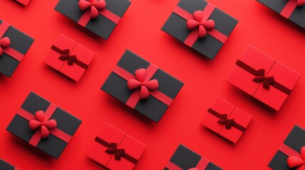 Fototapeta premium Isometric pattern of credit cards, gift cards, bonus cards. consumer concept, on a red background. Gifts for Christmas, Valentine's Day and birthday