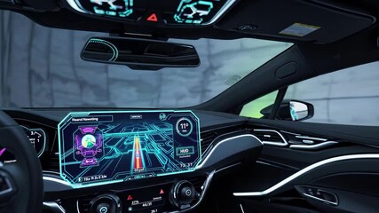 Modern car interior showcases advanced dashboard technology and sleek design elements during nighttime drive