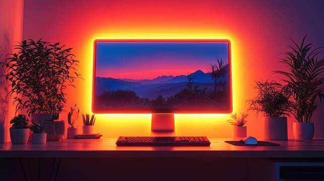 A modern workspace featuring a desk, computer, and ergonomic chair, optimized for remote work efficiency