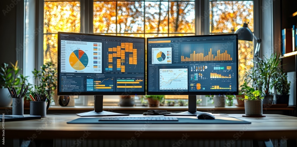 Poster Optimized Remote Work Setup featuring a Multitasking Workstation and Data Visualization