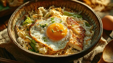 Sunny-side up egg atop grilled fish and rice bowl.