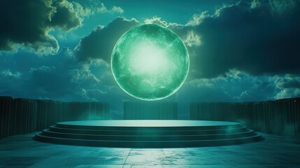 Green Celestial Orb Above Circular Platform Stage
