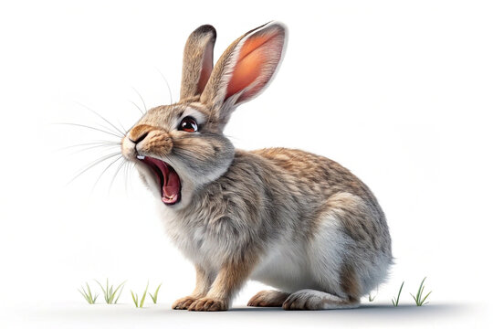 A startled brown rabbit with wide-open mouth, sitting on a patch of grass against a white background.