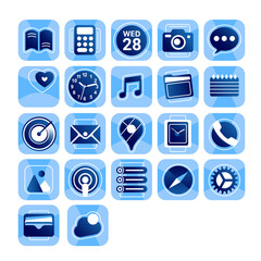 A set of interface icons, settings, clock, calendar, calculator, mail, messages, music, camera, notes, messengers, etc. in flat style.