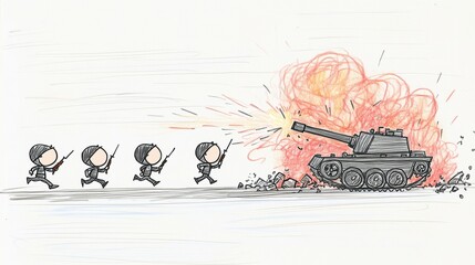 Cartoon-style illustration of soldiers charging towards a tank explosion. The simple yet expressive drawing conveys a sense of war and action in a lighthearted way.