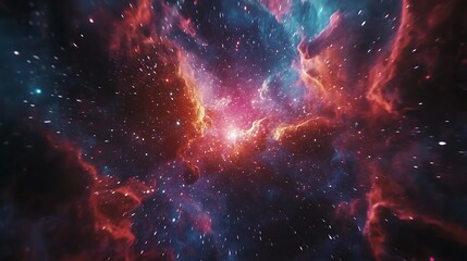 Fototapeta premium Vibrant fireworks bursting in slow motion against a backdrop of a dark, star-filled sky. 