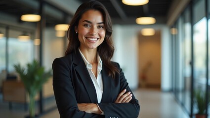 Obraz premium Confident businesswoman with arms crossed, smiling in a modern office. A successful professional woman in a corporate setting.