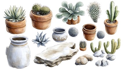 Watercolor Desert Plants  Succulents  Cacti  Pots  Stones