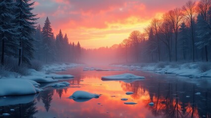 Thawing lake, Dense forest borders a thawing lake with ice chunks