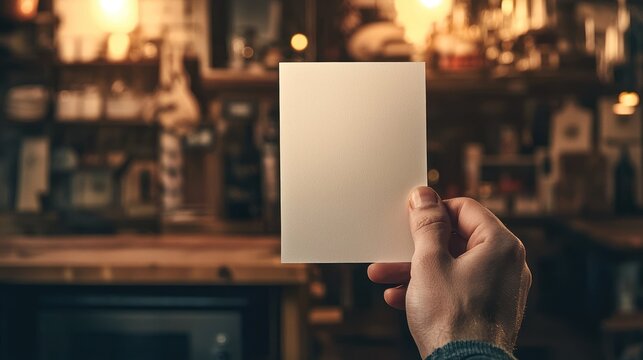 Hand holding blank card in rustic bar setting.