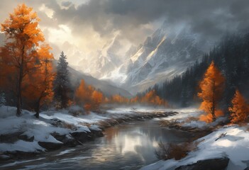 Naklejka premium Autumn landscape with vibrant trees and mountains