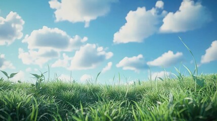 Obraz premium Lush green grass field under a bright blue sky with fluffy white clouds. (1)