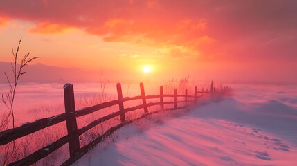 Fototapeta premium Winter countryside at sunset, a rustic wooden fence stretching across a vast snowy field under a warm orange and pink sky.