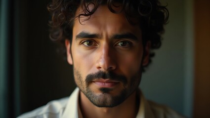 Fototapeta premium Close-up portrait of a young man with curly brown hair and a serious expression. Warm lighting highlights his facial features.