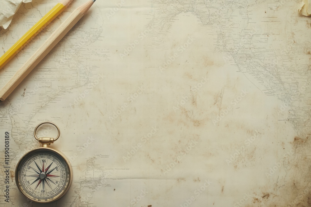 Poster vintage map with compass and pencil for exploration and adventure planning. generative ai