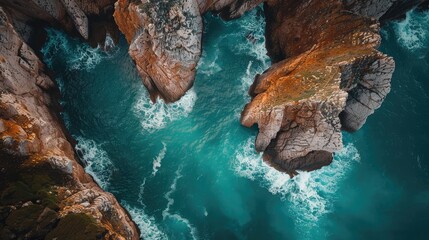 A breathtaking aerial view of a stunning coastline, with towering cliffs and crashing waves