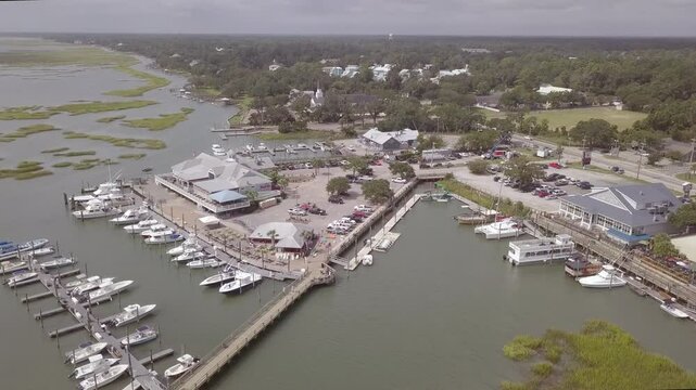 Aerial drone shot of Murrels Inlet on the coast of South Carolina.