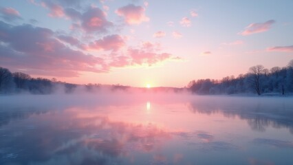 Fototapeta premium Thawing lake, Thawing lake beneath a pink sunset sky and rising mist