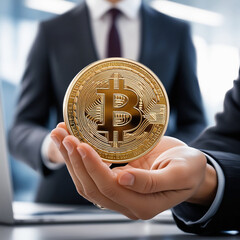 Close-Up of a Hand Holding a Shiny Bitcoin Coin with a Blurred Background, Highlighting Cryptocurrency and Blockchain Technology Concepts