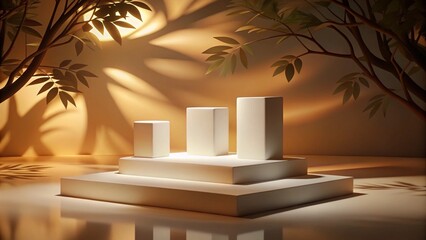 Abstract minimal nature scene - empty stage with three white rectangle podiums on beige background and shadows of tree leaves. Pedestal for cosmetic product and packaging mockups display presentation