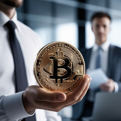 Close-Up of a Hand Holding a Shiny Bitcoin Coin with a Blurred Background, Highlighting Cryptocurrency and Blockchain Technology Concepts