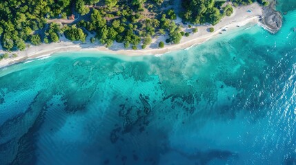 A breathtaking aerial view of a stunning ocean, with turquoise waters and powdery white sand beaches
