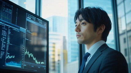 Fototapeta premium 金融街のオフィスで市場分析に集中する日本人男性ファイナンシャルアナリスト