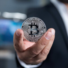 Close-Up of a Hand Holding a Shiny Bitcoin Coin with a Blurred Background, Highlighting Cryptocurrency and Blockchain Technology Concepts