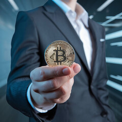 Close-Up of a Hand Holding a Shiny Bitcoin Coin with a Blurred Background, Highlighting Cryptocurrency and Blockchain Technology Concepts