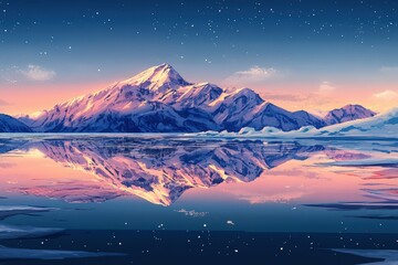 Majestic snow capped mountains reflecting in a tranquil lake at dawn