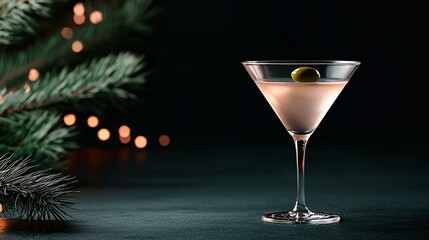 A Captivating Martini Glass Glimmering Under Festive Lights - A Perfect Blend of Holiday Cheer and Sophistication.