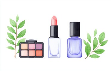 Watercolor illustration featuring makeup items: eyeshadow, lipstick, nail polish, lip gloss, blush, perfume, and brush. Hand-drawn closeup, suitable for an art print or template.