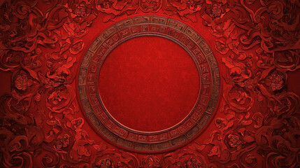 chinese new year 2025 concept. vibrant red background with intricate floral patterns and central circular space evokes