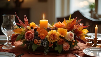 Concetto di decorazione per tavola delle feste, centrotavola o corona con frutti e foglie di stagione