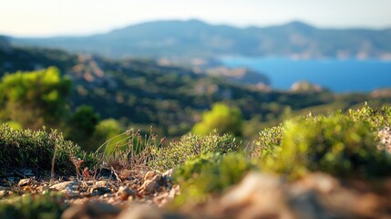 Scenic coastal view with blurred background, focusing on foreground vegetation.