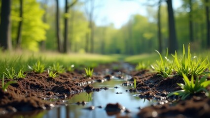 Naklejka premium Wet soil, Forest clearing during thaw, clear woodland background, wet soil foreground, emerging spring flowers.