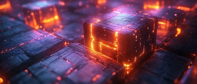Glowing cube in a futuristic, dark, tech environment.