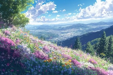 Vibrant Wildflowers Bloom Hillside Overlooking Valley