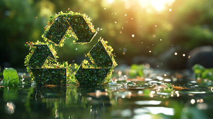 Recycling symbol made of green foliage floating on water with sunlight and natural reflections in a serene environment. Global recycling day
