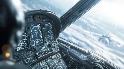 Fighter jet cockpit view during flight.