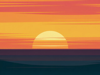 Vibrant minimalist sunset over ocean with bold colors and geometric sky