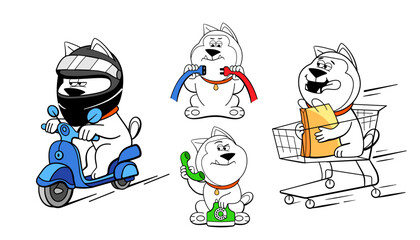 Set of emotions and poses of the character dog, talking on the phone, riding a scooter, connecting cables, etc. in doodle style.