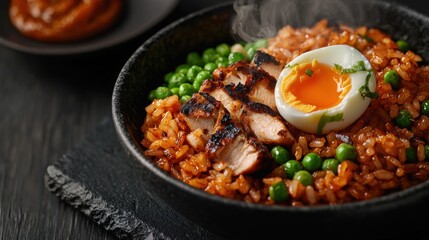 Steaming bowl of rice, grilled chicken, peas, and soft boiled egg.