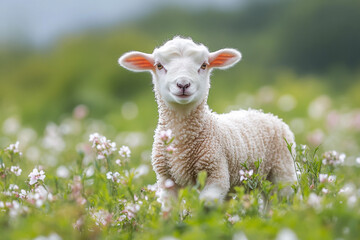 Fototapeta premium Playful white lamb in a blooming green countryside field