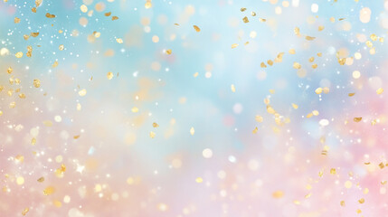 Golden confetti falls gracefully against a pastel background during a festive celebration event